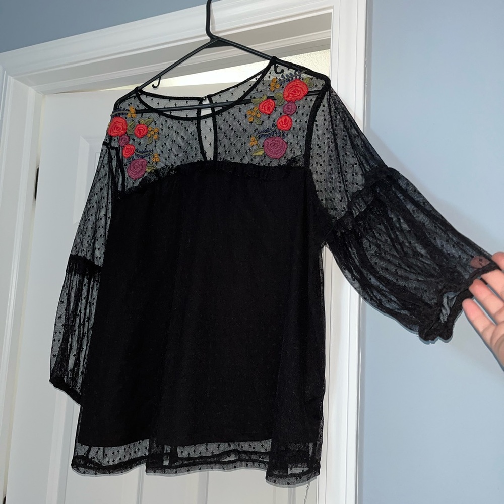 Floral Embroidered Black Sheer Women's Top